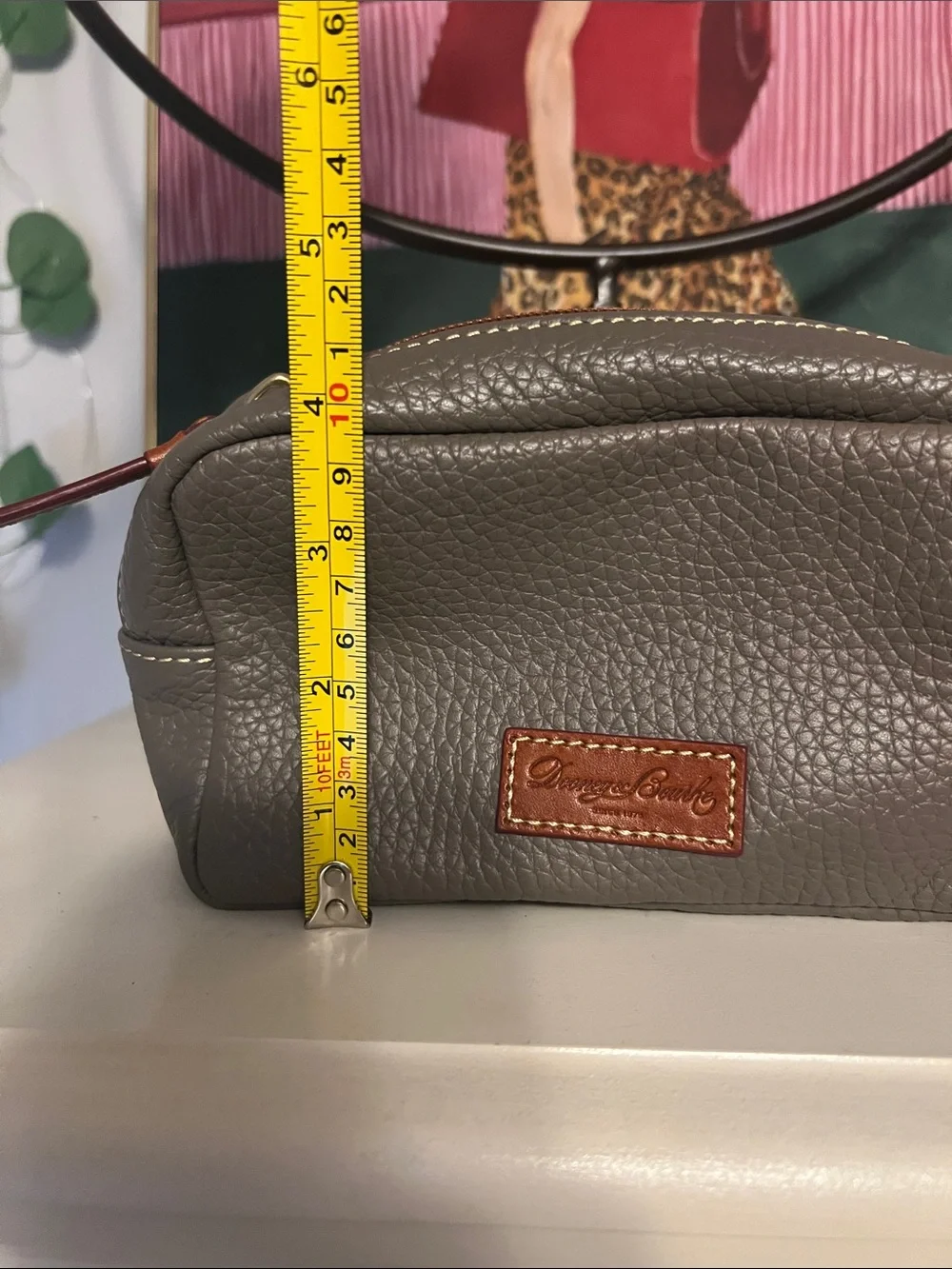 Dooney & Bourke Gray Pebbled Leather Cosmetic Pouch with Brown Logo Patch